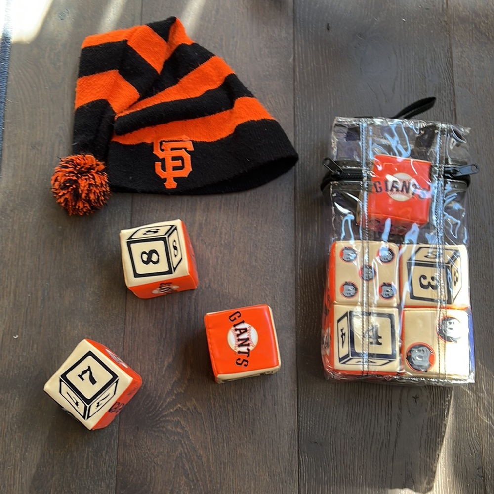 Official San Francisco Giants hat & set of soft dice blocks!🧡🖤 such fun stuff!